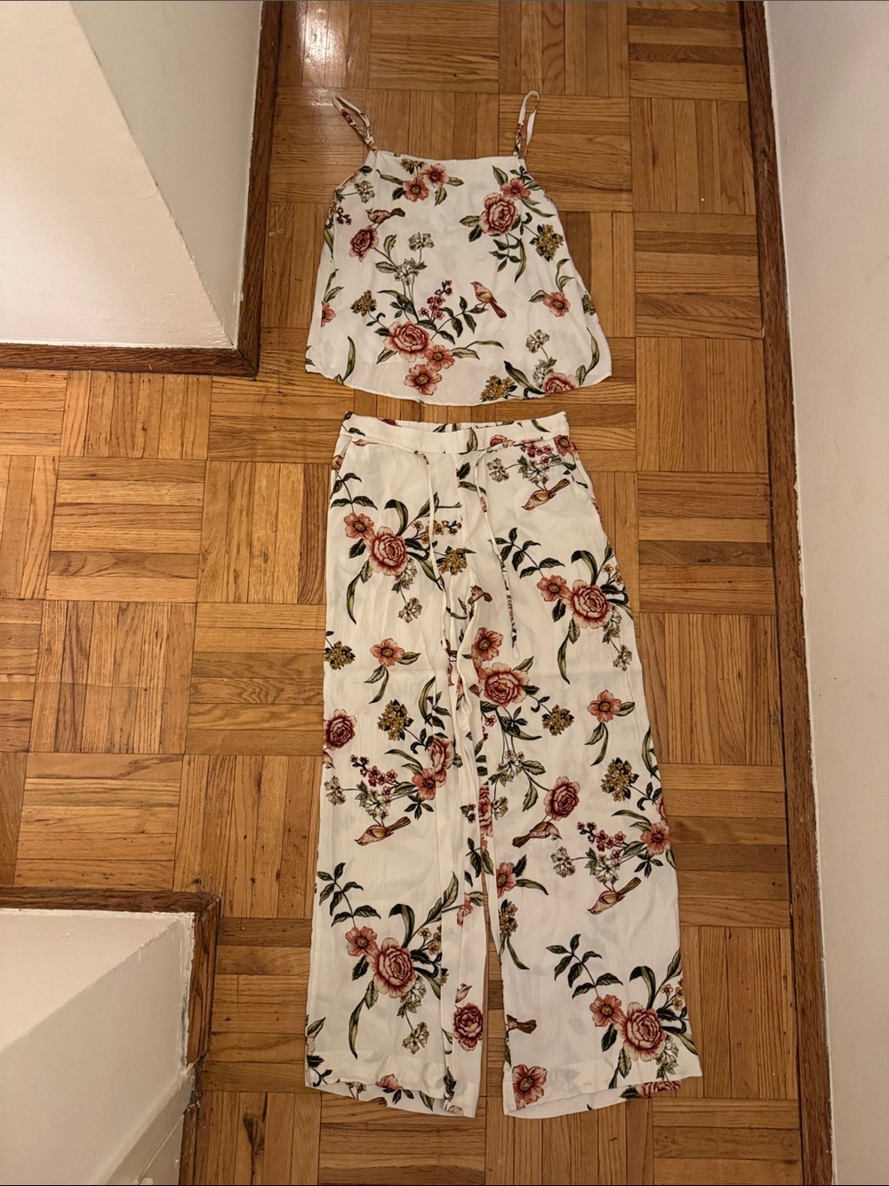 Mango Cream Floral Wide-Leg Pants and Cami Set